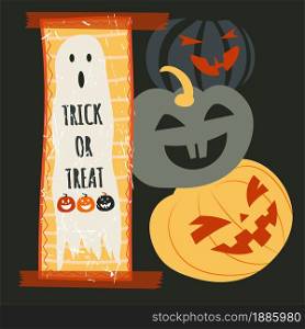 Halloween autumn holiday celebration, trick or treat. 31 of october festive event, scary characters with grinning faces. Pumpkins jack o lanterns and ghost, apparitions, vector in flat style. Trick or treat Halloween holidays, ghost and pumpkins