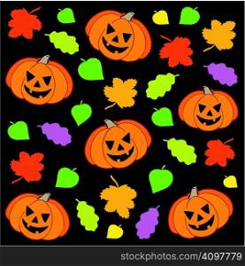 Halloween background 1 with pumpkins and leaves - vector illustration.