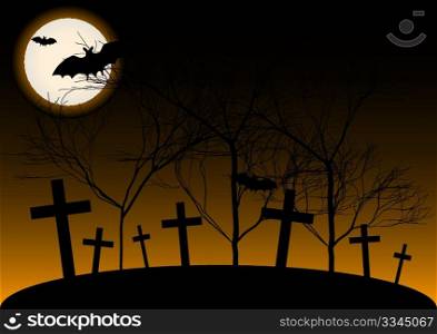 Halloween Background - Cemetery, Trees, Full Moon and Bat