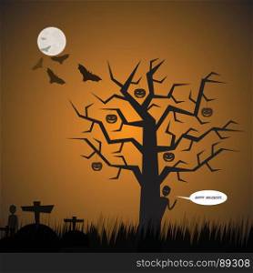 Halloween Background.Graveyard Background.Vector Halloween orange background with the big tree and men,bats and full moon.Vector illustration.