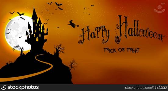 Halloween background haunted castle in scary on night. Vector
