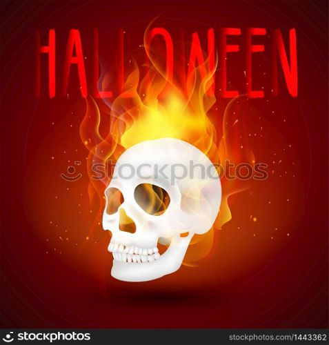Halloween background Human skull in fire. Vector