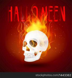 Halloween background Human skull in fire. Vector