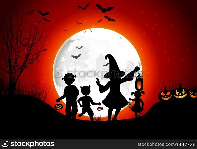 Halloween background little girls with pumpkins on the full moon. Vector
