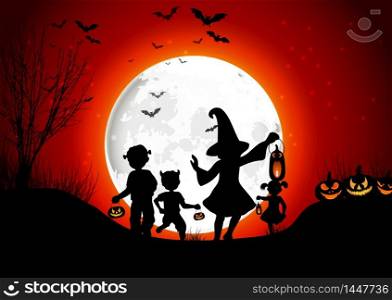Halloween background little girls with pumpkins on the full moon. Vector
