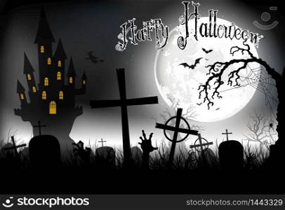 Halloween background night with in graveyard and scary house on the full moon. Vector