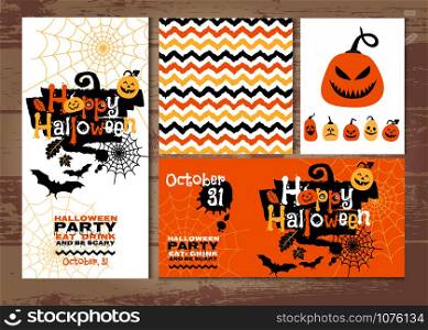 Halloween background of cheerful pumpkins. On the wood texture.. Halloween background invitation party of cheerful pumpkins.