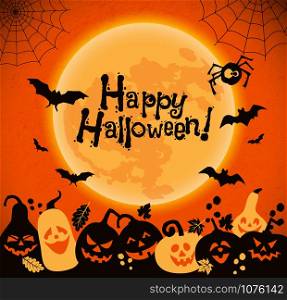 Halloween background of cheerful pumpkins with moon.. Halloween background of cheerful pumpkins