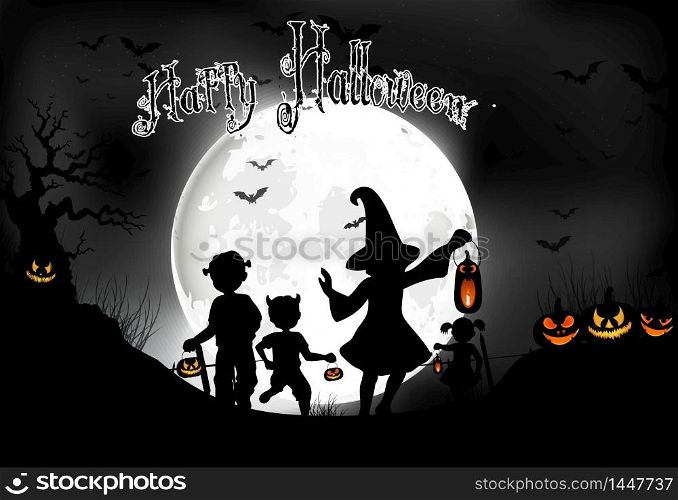 Halloween background on the full moon with a little girls on the full moon. Vector