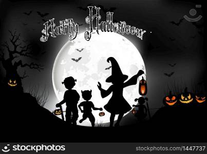 Halloween background on the full moon with a little girls on the full moon. Vector