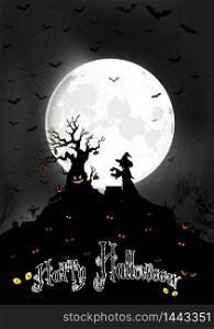 Halloween background on the full moon with scary tree and Witch. vector