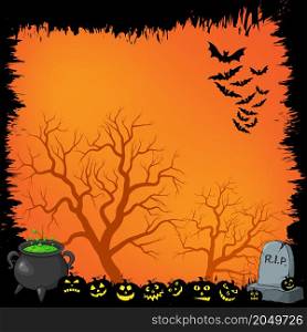 Halloween background. Orange spooky holiday backdrop with pumpkin and flying bats. Vector illustration with copy space. Best for seasonal poster or party invitation.