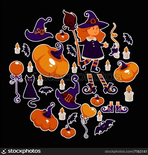 Halloween background poster. Vector circle shape frame with pumpkin, bat, witch hat, bat candy, little girl. Trick or treat concept. Colorful design for party invitation.. Halloween background poster. Vector circle shape frame with pumpkin