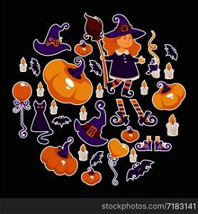Halloween background poster. Vector circle shape frame with pumpkin, bat, witch hat, bat candy, little girl. Trick or treat concept. Colorful design for party invitation.. Halloween background poster. Vector circle shape frame with pumpkin