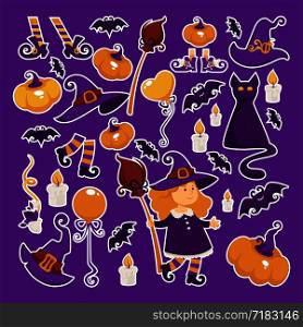 Halloween background poster. Vector frame with pumpkin, bat, witch hat, bat candy, little girl. Trick or treat concept. Colorful design for party invitation.. Halloween background poster. Vector frame with pumpkin