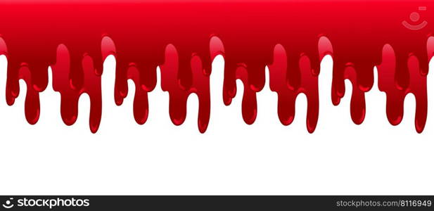 Halloween background. Red blood, jam or paint dripping, melted, liquid banner, seamless border background design