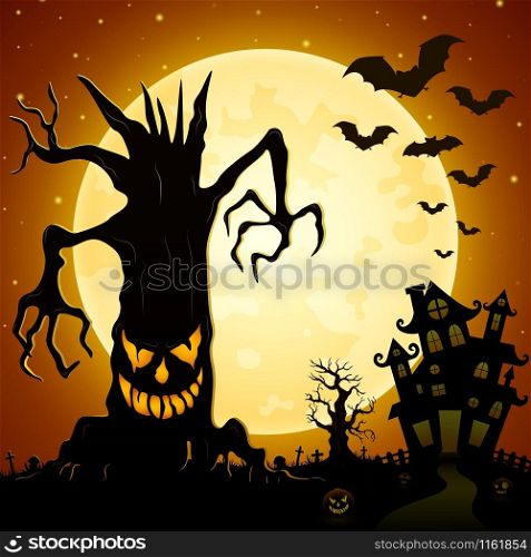 Halloween background. Scary monsters trees on cemetery with castle and full moon