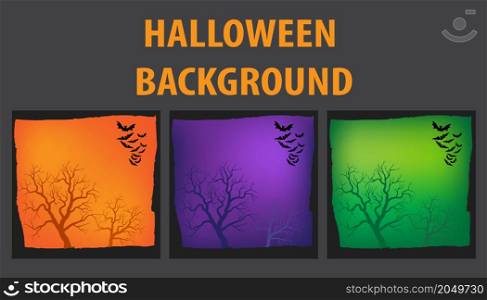 Halloween background set. Spooky holiday backdrop with flying bats and bare trees. Vector illustration with copy space. Best for seasonal poster or party invitation.