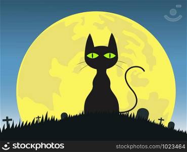 Halloween background silhouette black cat in graveyard