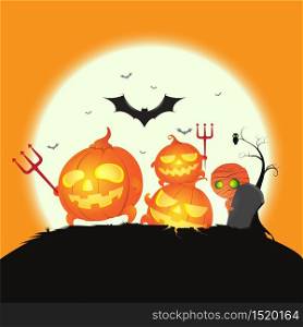 Halloween Background. Spooky Pumpkins, Ghost bats with Mummies in the graveyard at Halloween night Moon light backdrop, Vector