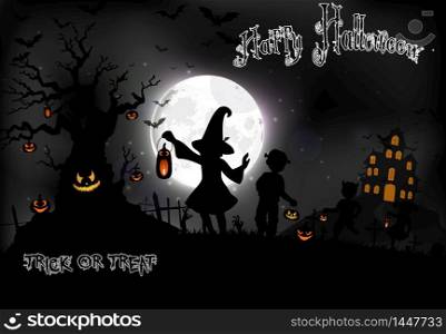 Halloween background with a little girls on the full moon. Vector