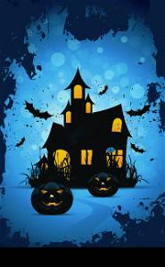 Halloween Background with Bats Pumpkins and Haunted House