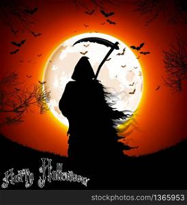Halloween background with black scary scytheman standing on night full moon