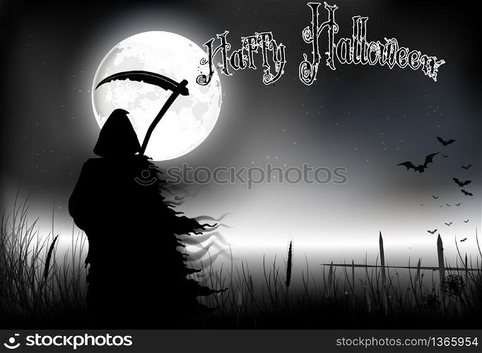 Halloween background with black scary scytheman standing on night full moon
