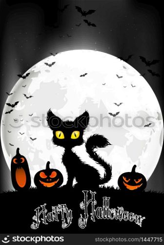 Halloween background with cat and pumpkins on the full moon. Vector