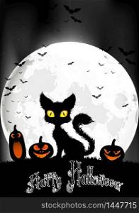 Halloween background with cat and pumpkins on the full moon. Vector