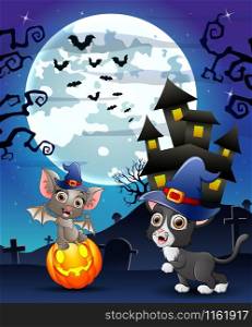 Halloween background with child bats witch and kitten witch