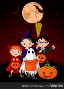 Halloween background with children trick or treating in Halloween costume&#xA;