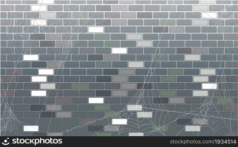 Halloween background with cobwebs and spiders on a brick wall, illustration grey old building vector for web backgrounds, design elements, for the happy Halloween concept. or Web Banner background.