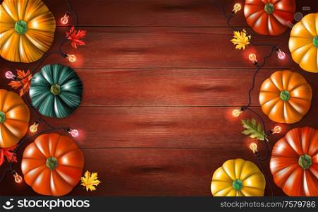 Halloween background with colorful pumpkins autumn leaves and string light on wooden surface realistic vector illustration