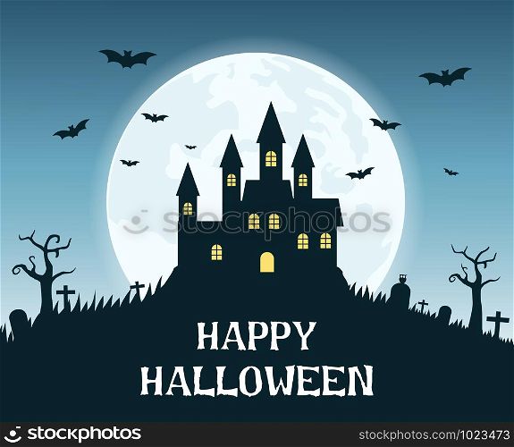 Halloween background with creepy castle on the full moon - Vector illustration