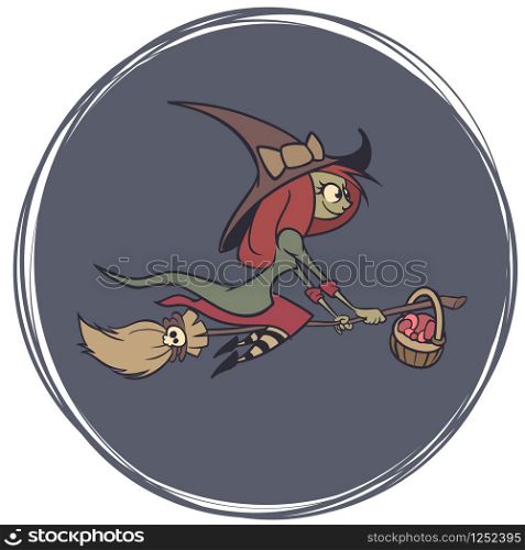 Halloween background with cute witch flying on her broom. Vector illustration