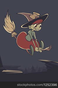 Halloween background with cute witch flying on her broom. Vector illustration