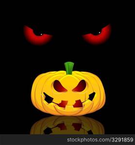 Halloween background with evil eyes and spooky jack o lantern
