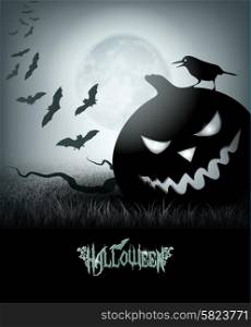 Halloween Background With Field, Moon, Grass, Bats, Crow, Pumpkin And Title Inscription