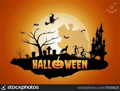 Halloween background with floating island of graveyard and ghost,vector illustration