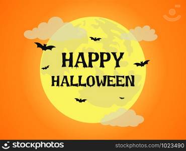 Halloween background with full moon and bat on orange background