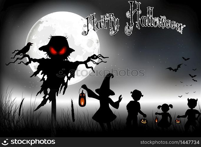 Halloween background with ghost and little girls on the full moon. Vector