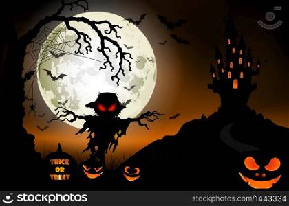 Halloween background with ghost and pumpkins on the full moon. Vector