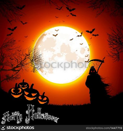 Halloween background with ghost and pumpkins on the full moon. vector