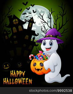 Halloween background with ghost holding full of candies in basket pumpkin