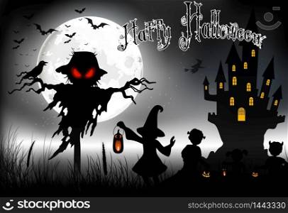 Halloween background with ghost, scary house and little girls on the full moon. Vector