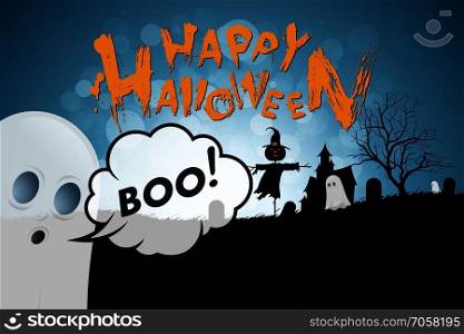 Halloween Background with Ghosts, Haunted House, tree, Cemetery and Scarecrow. Halloween Background with Ghost
