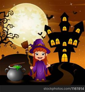 Halloween background with girl witch holding broomstick and cauldron