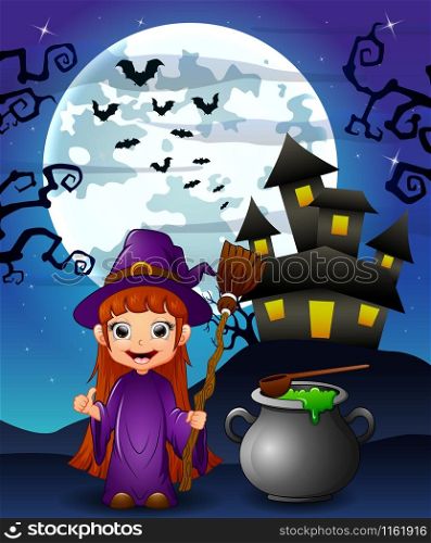 Halloween background with girl witch holding broomstick and cauldron