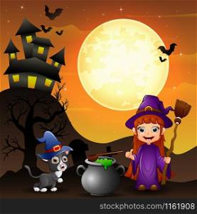 Halloween background with girl witch holding broomstick and cauldron and kitten witch .Vector illustration